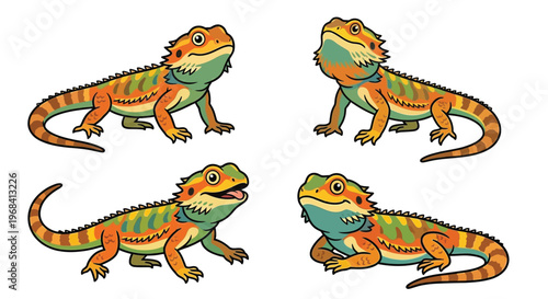 Four colorful bearded dragon lizards in various poses are displayed