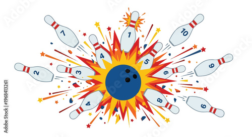 A bowling ball strikes pins creating a vibrant explosion of stars