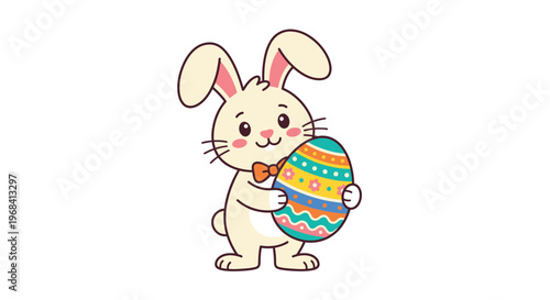 A cute cartoon bunny happily holds a colorful patterned easter egg