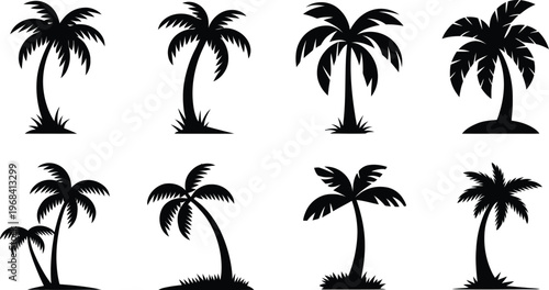 Collection of stylized silhouettes of palm trees in various poses and groupings