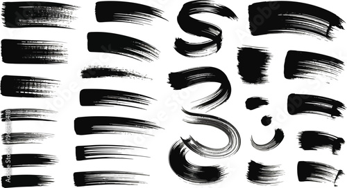 Abstract brush stroke variations forming stylized letters and shapes on a plain background