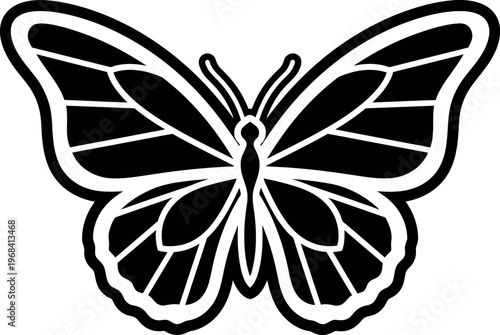 A symmetrical black and white illustration of a butterfly with detailed wings