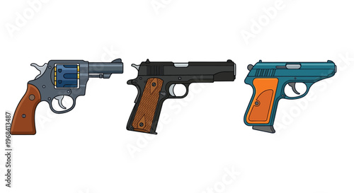 Three cartoon handguns displayed in a row revolver semi automatic and pistol