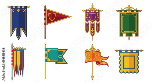 A collection of colorful medieval heraldic flags and banners displayed on poles