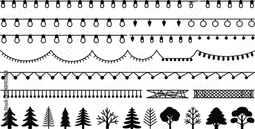 Collection of decorative embroidery stitches and tree silhouettes for textile design inspiration