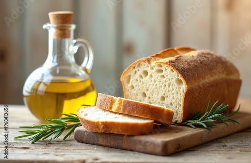 Fresh artisan bread loaf with sliced pieces rests on wooden board next to olive oil in glass jug. Rosemary sprigs add garnish for a rustic food scene.