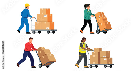 Workers moving cardboard boxes with hand trucks in a warehouse setting