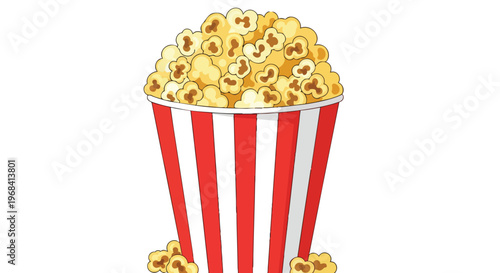 A delightful cartoon illustration of a tall, striped red and white popcorn container overflowing with fluffy popcorn kernels