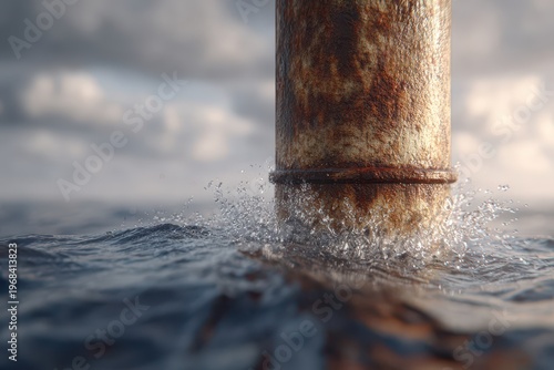 Close-up of a weathered, rusty metal pipe emerging from choppy ocean waves with water splashing around it.