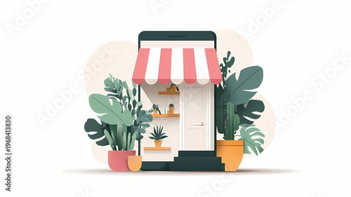 Darstellung eines Onlineshop als Mobiltelefon mit Pflanzen Verkaufs-Artikeln.