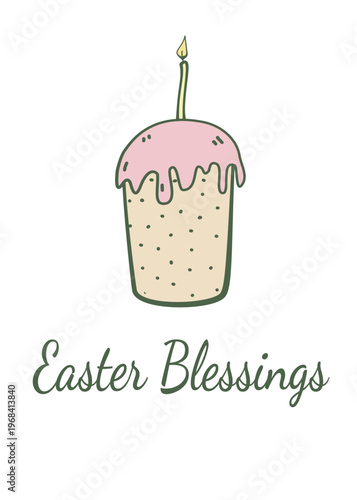 Easter cake with a burning candle and "Easter Blessings" text, cute religious greeting card illustration on a clean background.
