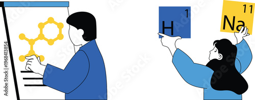 Students learning about chemical elements and molecular structures during a classroom teaching session
