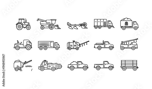 Black Agricultural Transport Icons Set Vector Farm Vehicles and Machinery