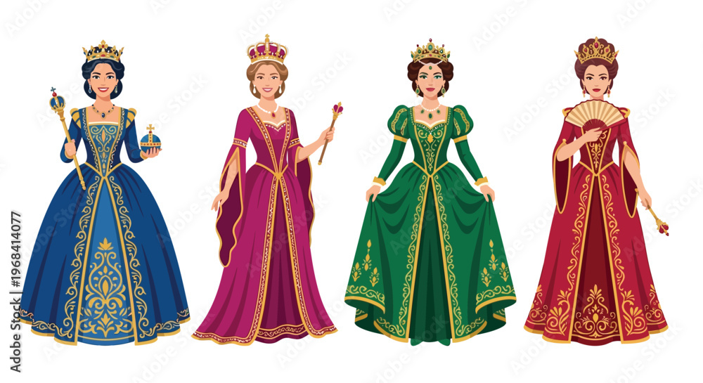 Fototapeta premium Four regal women in ornate historical dresses and crowns stand together