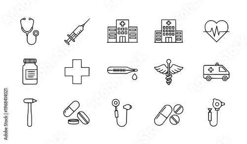 Black Medical Icons Set Vector Healthcare Line Symbols Isolated on White