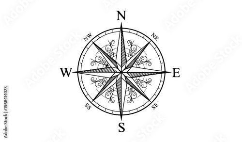 Vintage Wind Rose Compass Black Line Art Navigation Vector