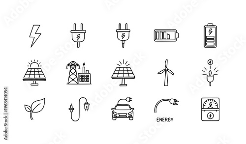 Energy and Power Line Icons Set Renewable Electricity Symbols Vector Illustration