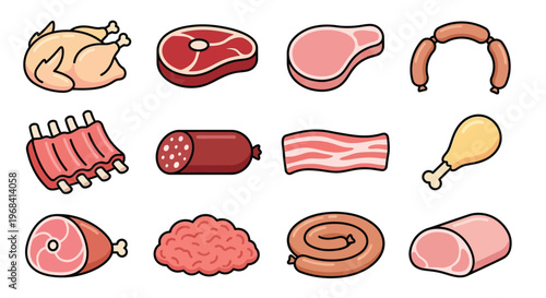 Assorted raw meats chicken beef pork and sausage illustrations