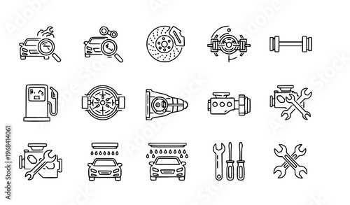 Automotive Maintenance Black Outline Icons Collection Vector Illustration