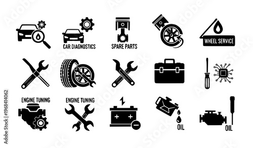 Car Repair Pictogram Icons Black Automotive Service Symbol Set Vector