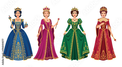 Four regal women in ornate historical dresses and crowns stand together