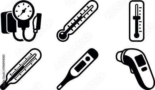 Line art icons of medical thermometers and blood pressure monitor