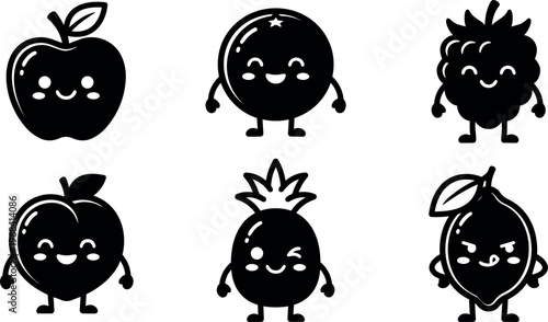 Six kawaii fruit characters in black and white