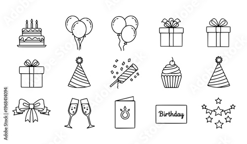 Black Birthday Celebration Line Icons Set Party Symbols Vector Illustration