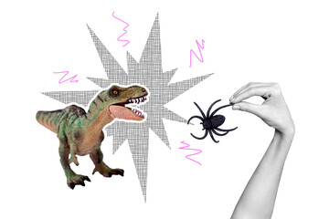 Creative photo poster trend art collage image of dino animal wild jurassic kill spider hunt hand hold insect toy wildlife zoo