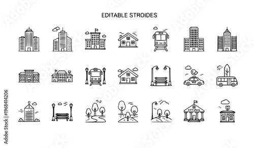 Minimal Urban City Icons Black Architecture and Transport Vector Set