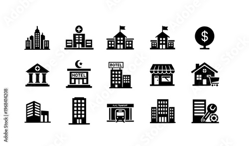 City Pictogram Icons Black Urban Building Symbol Collection Vector