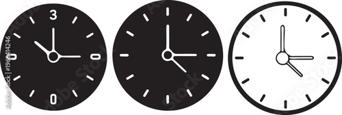 Analog Clock Icon Set. Round Wall Clock Face with Hour and Minute Hands for Time Management, Deadline, and Schedule Vector Symbols.