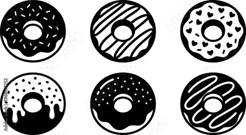 Six black and white donut line art set in grid