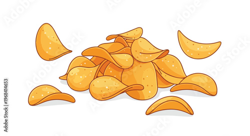 A visually appealing and crisp depiction of a pile of potato chips scattered on a white background, perfect for food-related content