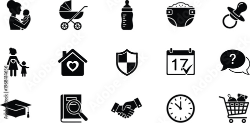 Baby care childhood icons silhouette set isolated on transparent background