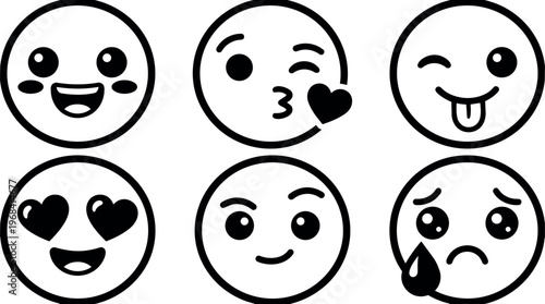 Vector line art six emoji faces grid