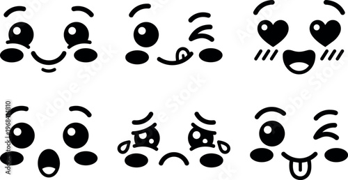Vector line art collection of cute emoji faces with different expressions