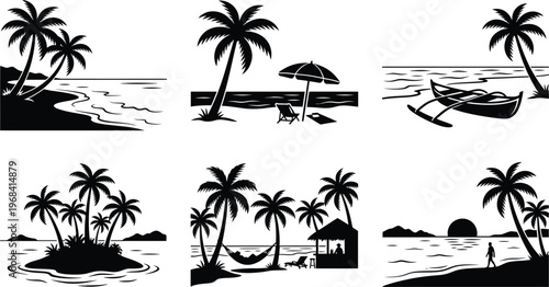 Tranquil tropical island scenes showcasing various beachside activities and landscapes