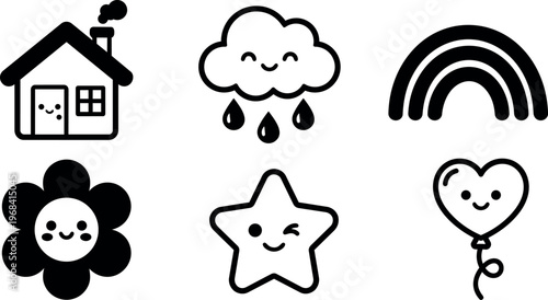 Vector icons with cute house cloud rainbow flower star and heart balloon