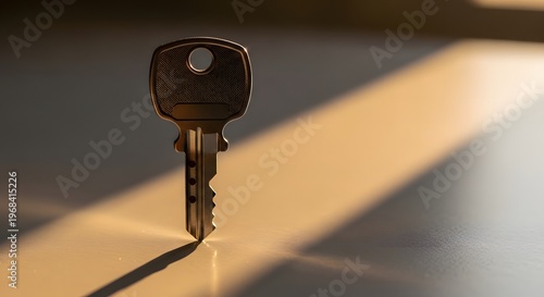 Modern metal house key standing upright on desk surface with dramatic sunlight and shadows.