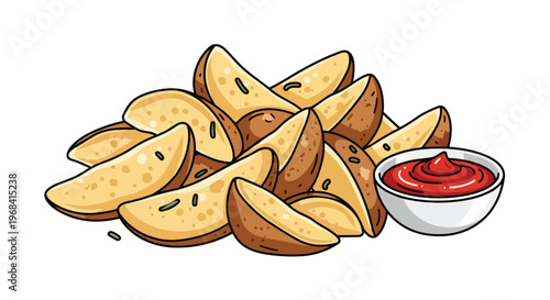 Deliciously depicted potato wedges served with a side of vibrant red dipping sauce, perfect for culinary projects.