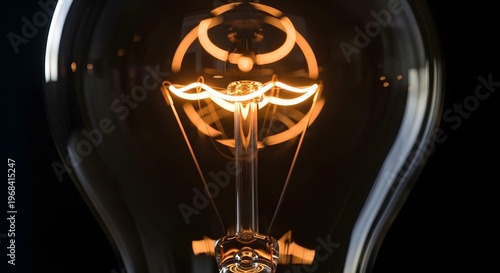 Close up glowing incandescent light bulb showing details of the filament and glass.