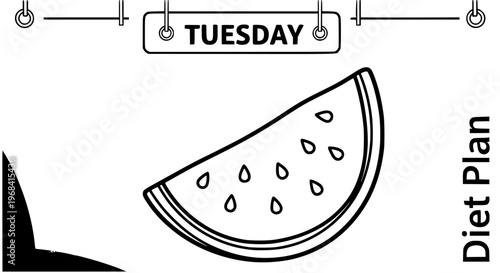 Watermelon slice vector illustration graphic depicting a healthy diet plan for Tuesday, emphasizing fresh fruit, nutrition, and scheduled eating habits concept.
