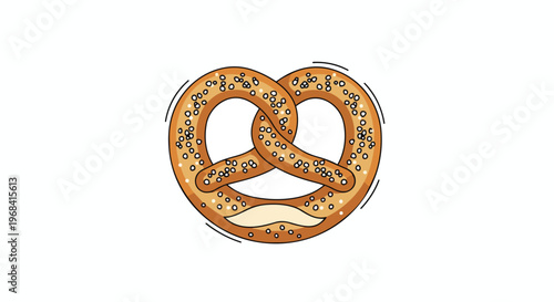 A charming cartoon illustration of a golden-brown pretzel adorned with tiny salt crystals, set against a pure white backdrop