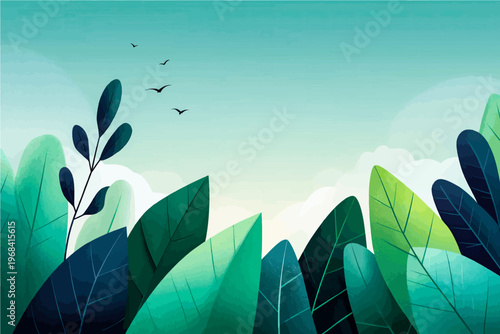 Lush green leaves dominate the scene, reaching towards a brightening sky. Birds gracefully glide above, adding a sense of freedom to the peaceful morning atmosphere.