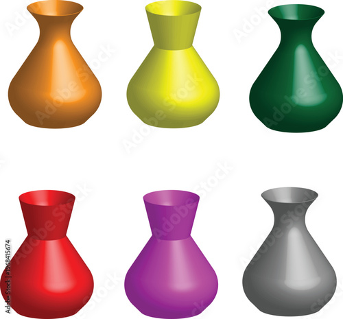 Set of colorful ceramic and glass vases in orange and various colors isolated on white background as a 3D vector illustration for art and interior decoration