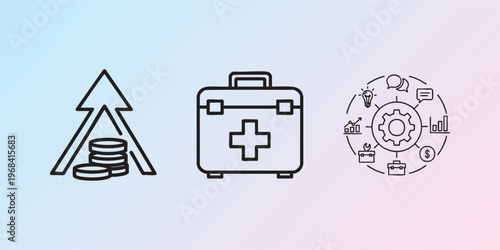 Business finance icons, investment growth symbols, medical kit and gear elements, 25 line icons