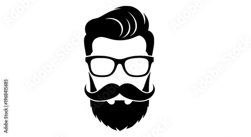 Hipster man vector graphic illustration with stylish haircut, trendy glasses, curled mustache, and full beard, representing modern fashion and urban style.