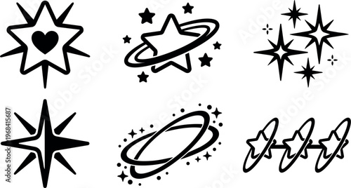 Space starburst icons with orbit rings and sparkles