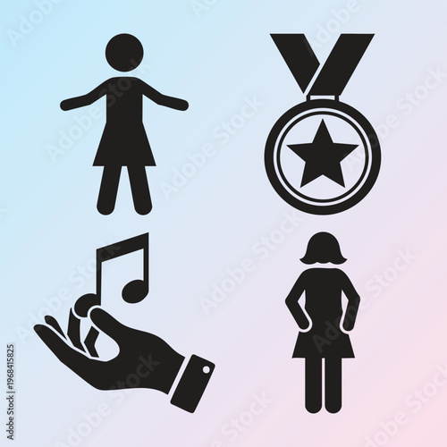 Black icons, female symbols, medal, music note, hand, colorful gradient background